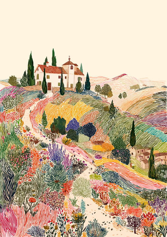 Colorful illustration of a landscape with a house, trees, and flowers.