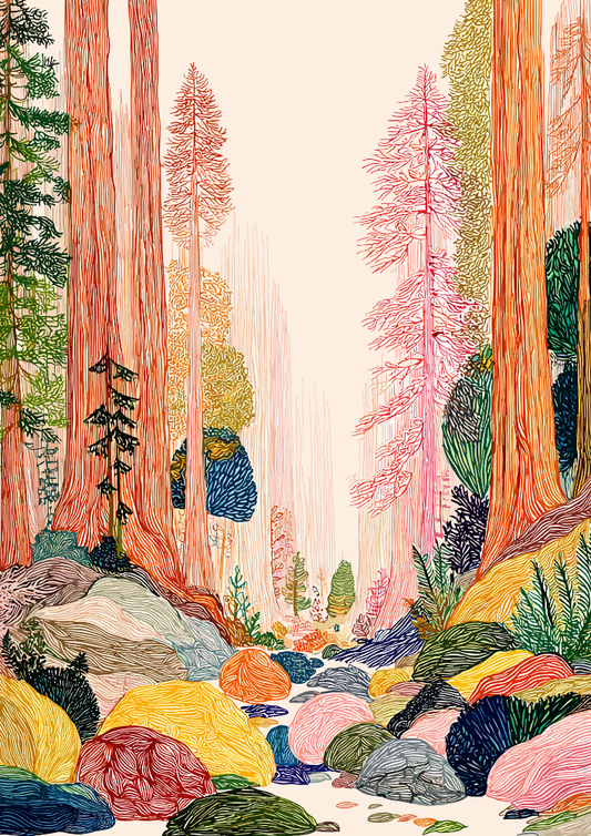 Colorful illustration of a forest with tall trees and rocky terrain.