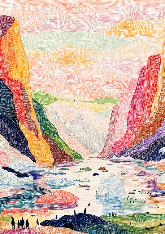 Colorful landscape with mountains and water, artistic style