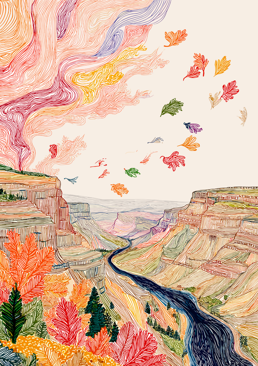 Colorful illustration of a canyon with a river and autumn leaves.