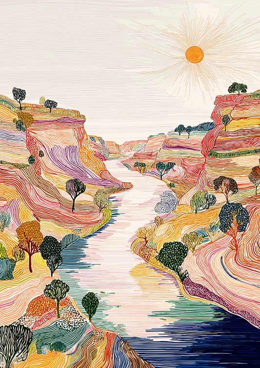 Colorful landscape with a river, trees, and a sun in the sky.