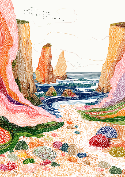 Colorful illustration of a coastal landscape with cliffs, ocean, and coral.