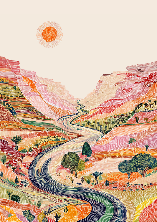 Colorful landscape with a winding road, mountains, and trees under a sun.