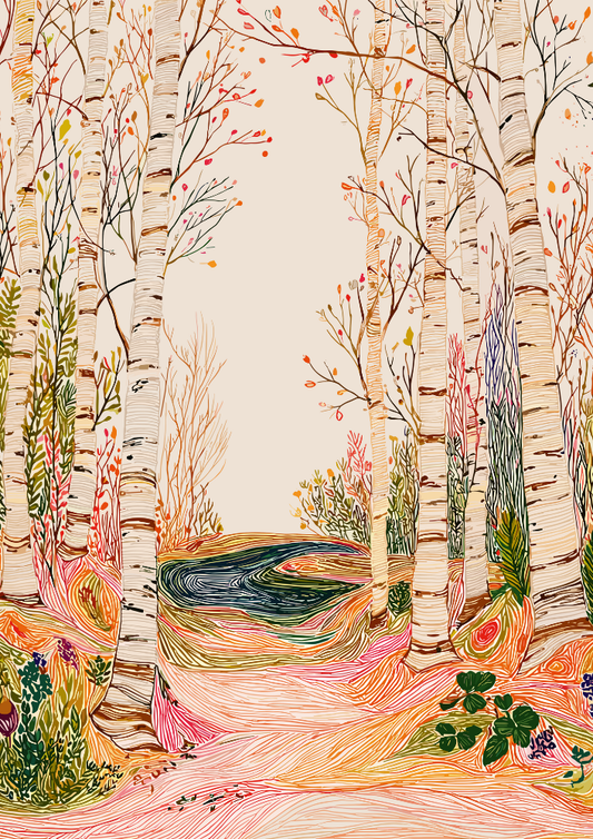 Colorful illustration of a forest with birch trees and a stream.