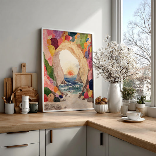 Tide Cave Sunset poster featuring a cave opening overlooking a colorful sunset over the ocean.