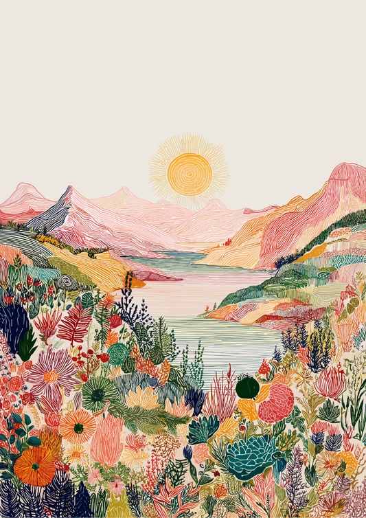 Colorful illustration of a mountain landscape with flowers and a sun.
