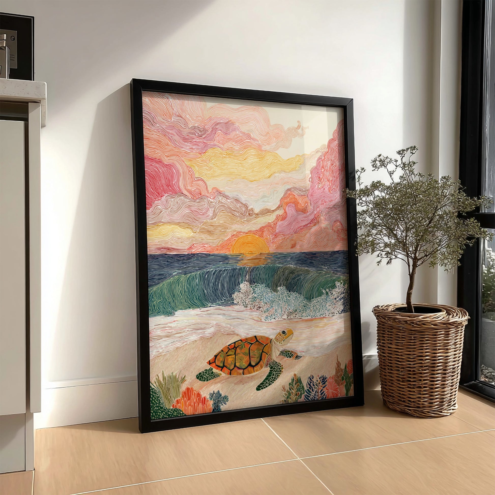 Poster of a sea turtle on a beach at sunrise, with colorful clouds and ocean waves.