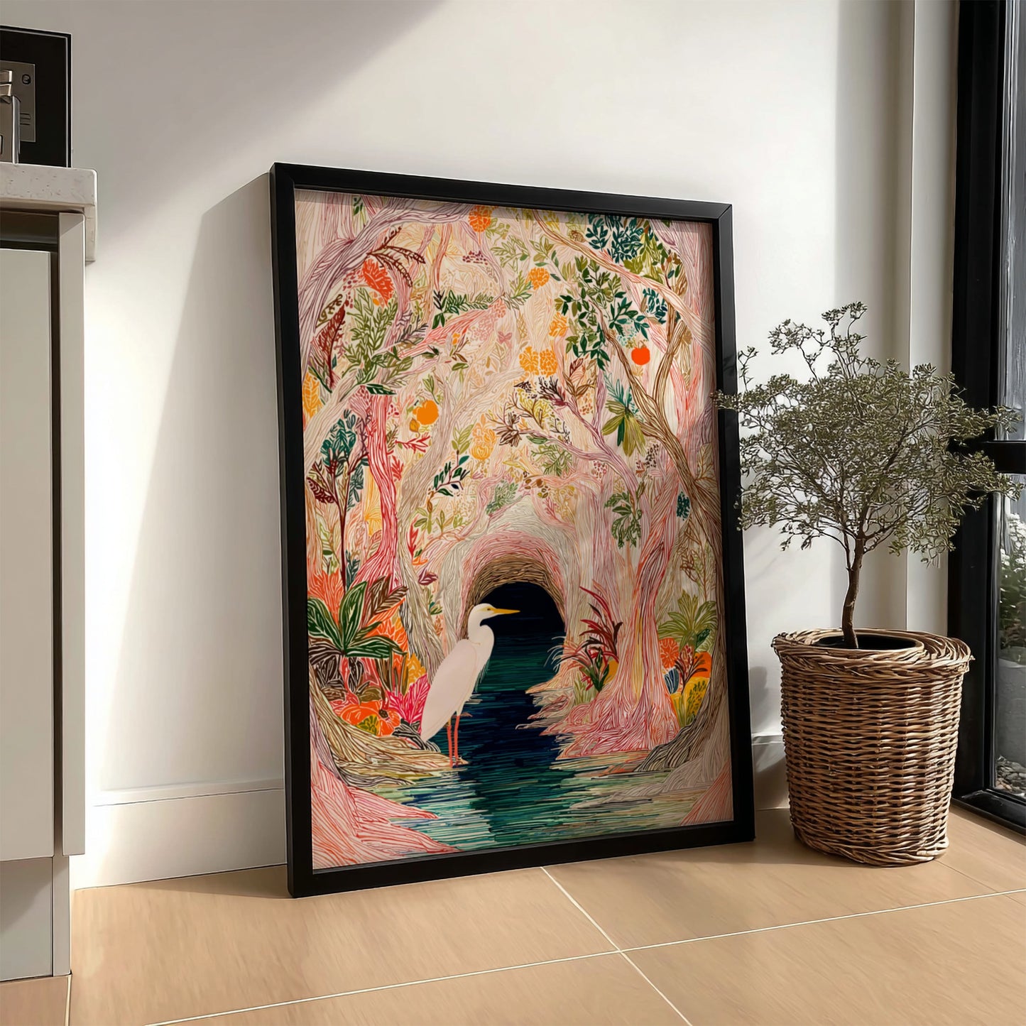 Mangrove Heron Art Print featuring a white heron by a dark water channel in a colorful, textured for