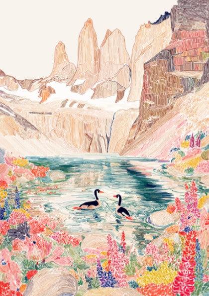 Glacier Loon Wildflower art print featuring loons on a lake with mountains and colorful wildflowers.