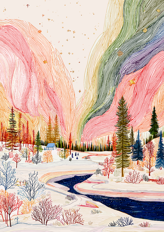 Colorful winter landscape with trees, a river, and abstract sky.
