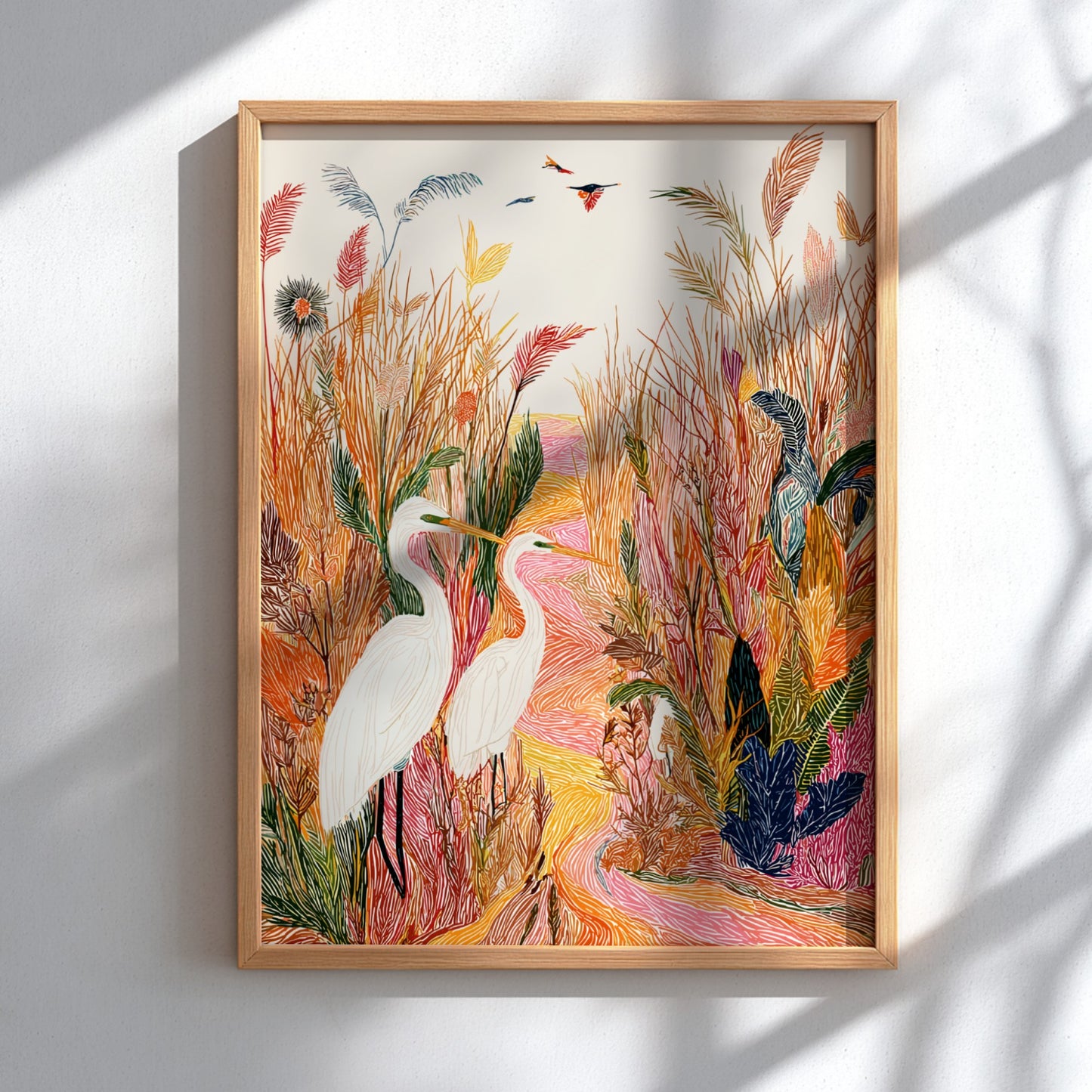 Salt Marsh Egret art print with two white egrets in a textured, colorful marsh landscape.