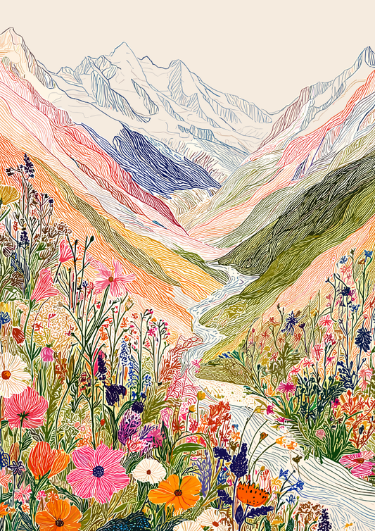 Colorful illustration of a mountain landscape with flowers and a river.