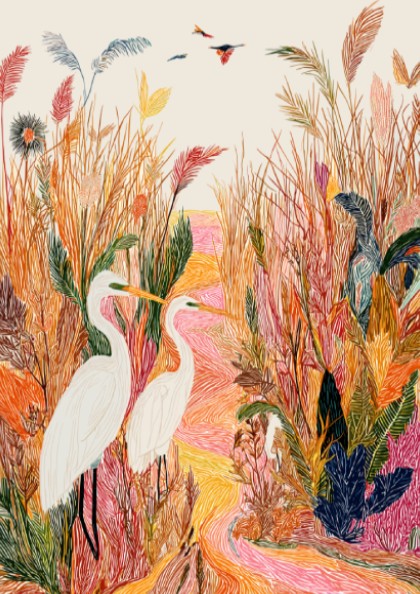 Salt Marsh Egret art print with two white egrets in a textured, colorful marsh landscape.