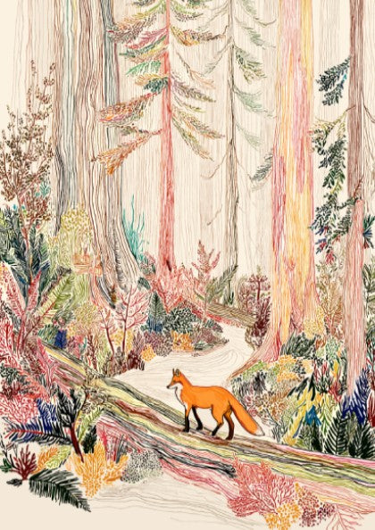 Cedar Fox Mist poster showing a fox walking on a log in a colorful forest.