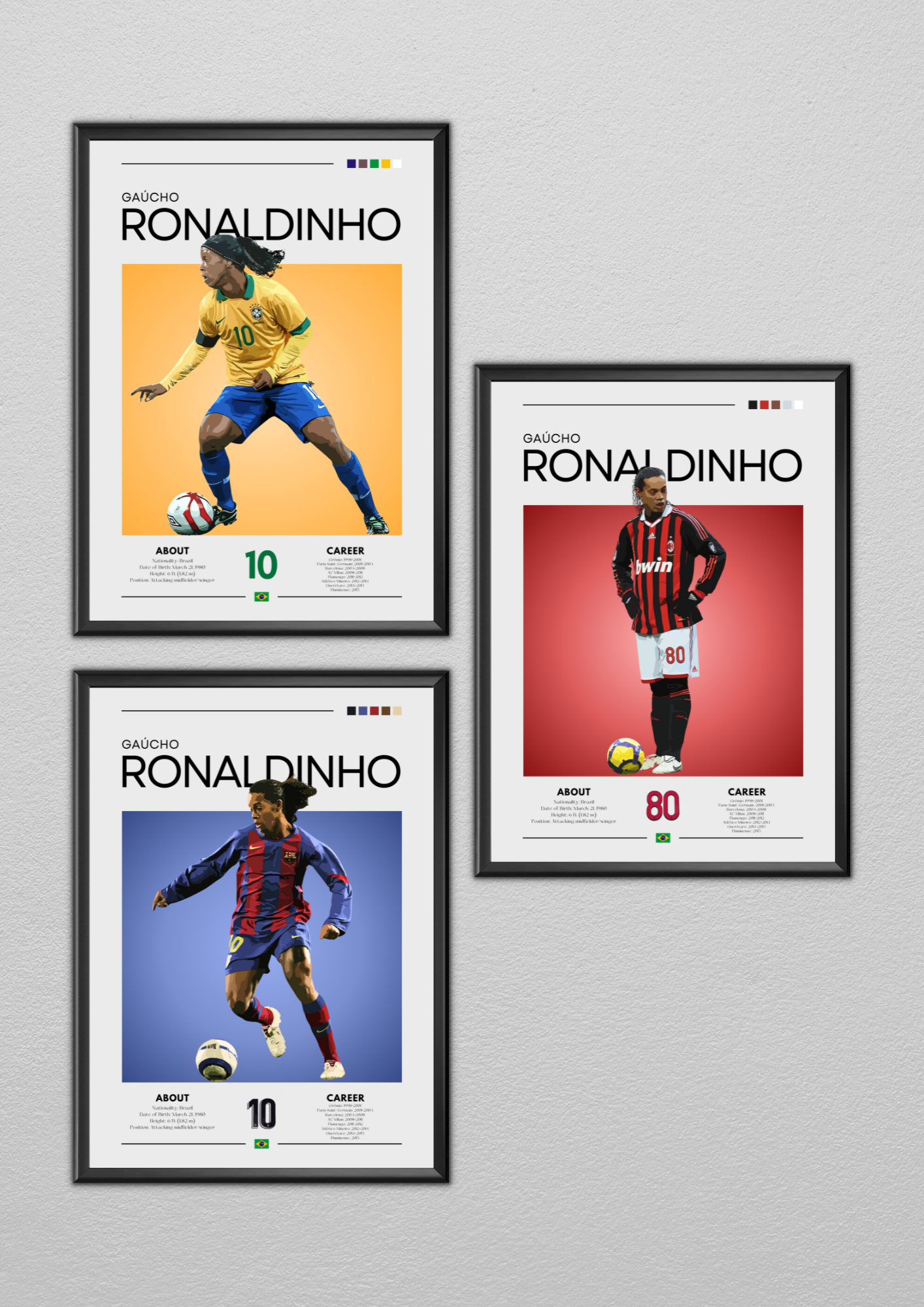 Lot d'affiches Ronaldinho, lot de 3 impressions