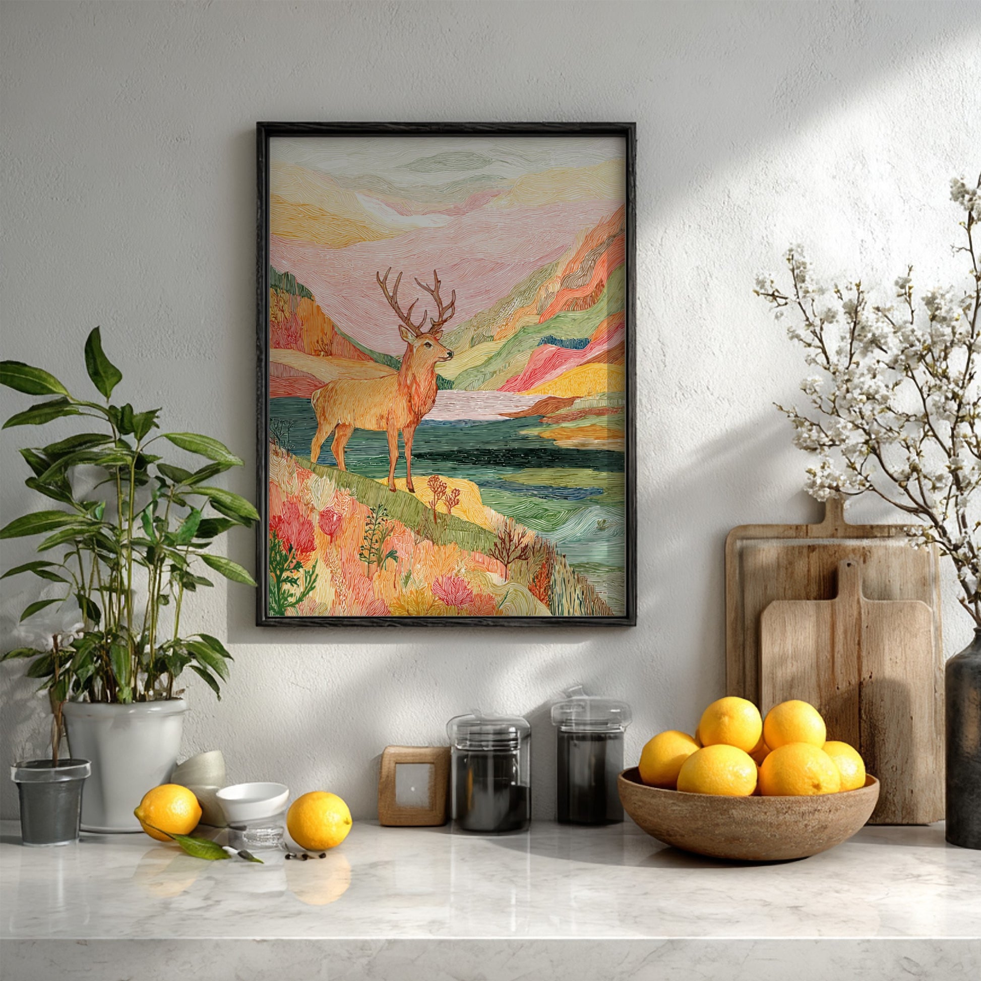 Bog Stag Storm landscape poster with a stag on a colorful hillside overlooking water.
