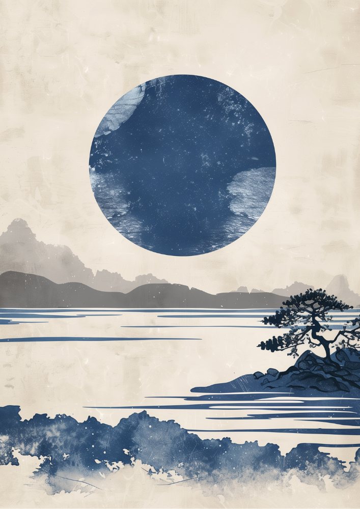 Japanese Dark Blue Sun - Japanese Woodblock Print