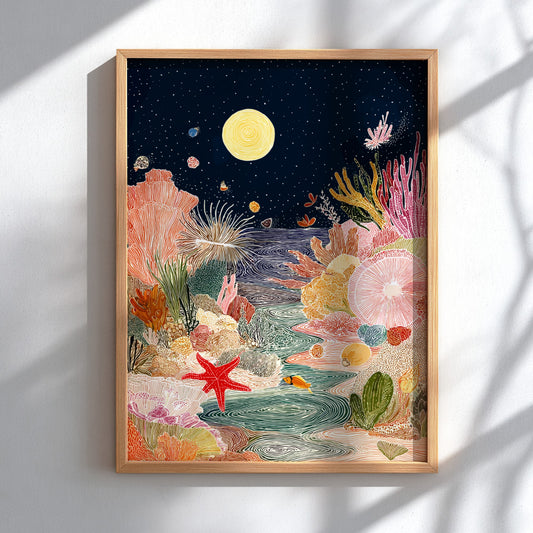 Tide Pool Midnight Blue wall art featuring a vibrant coral reef under a starry night sky with a moon