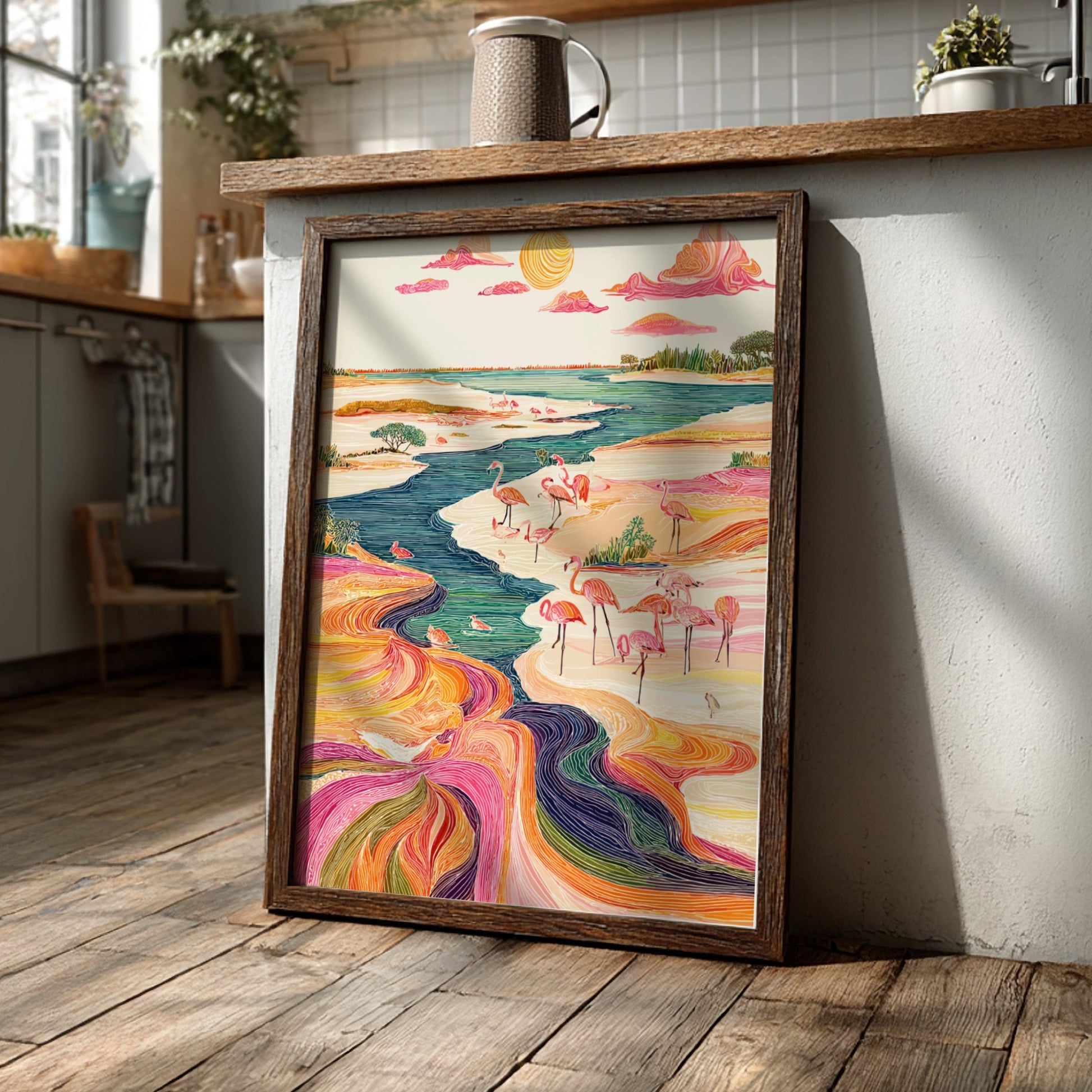 Vibrant art print of flamingos by a colorful river, with a stylized sun and clouds.