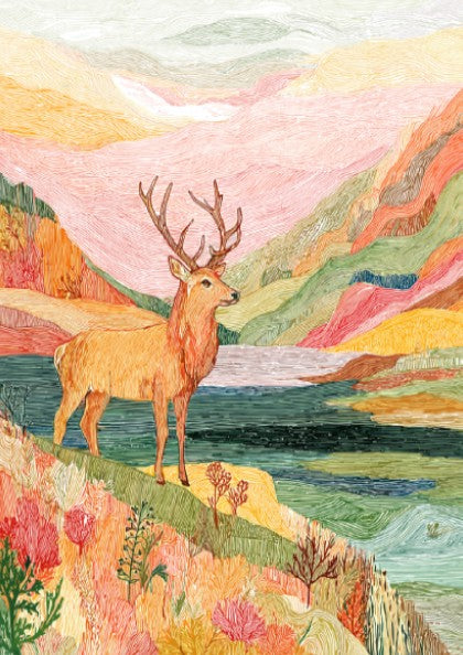 Bog Stag Storm landscape poster with a stag on a colorful hillside overlooking water.