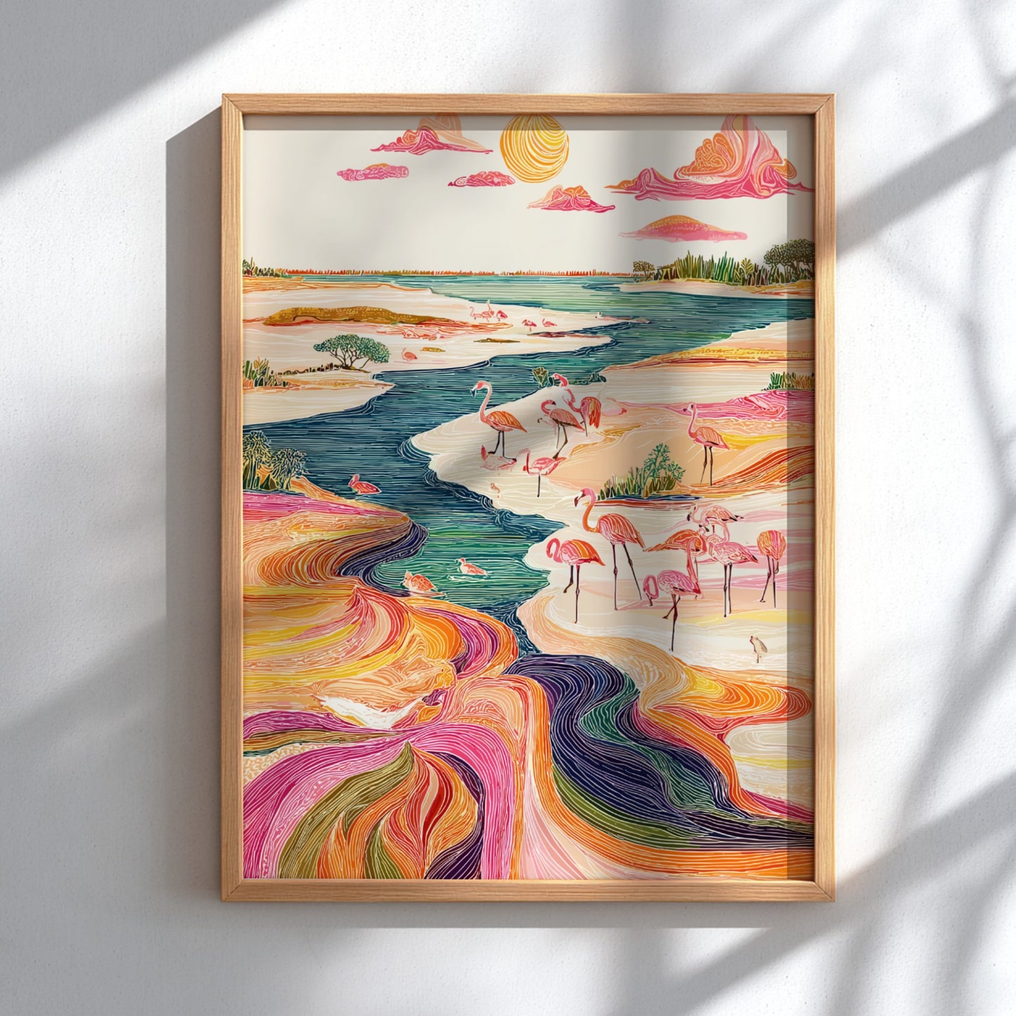 Vibrant art print of flamingos by a colorful river, with a stylized sun and clouds.