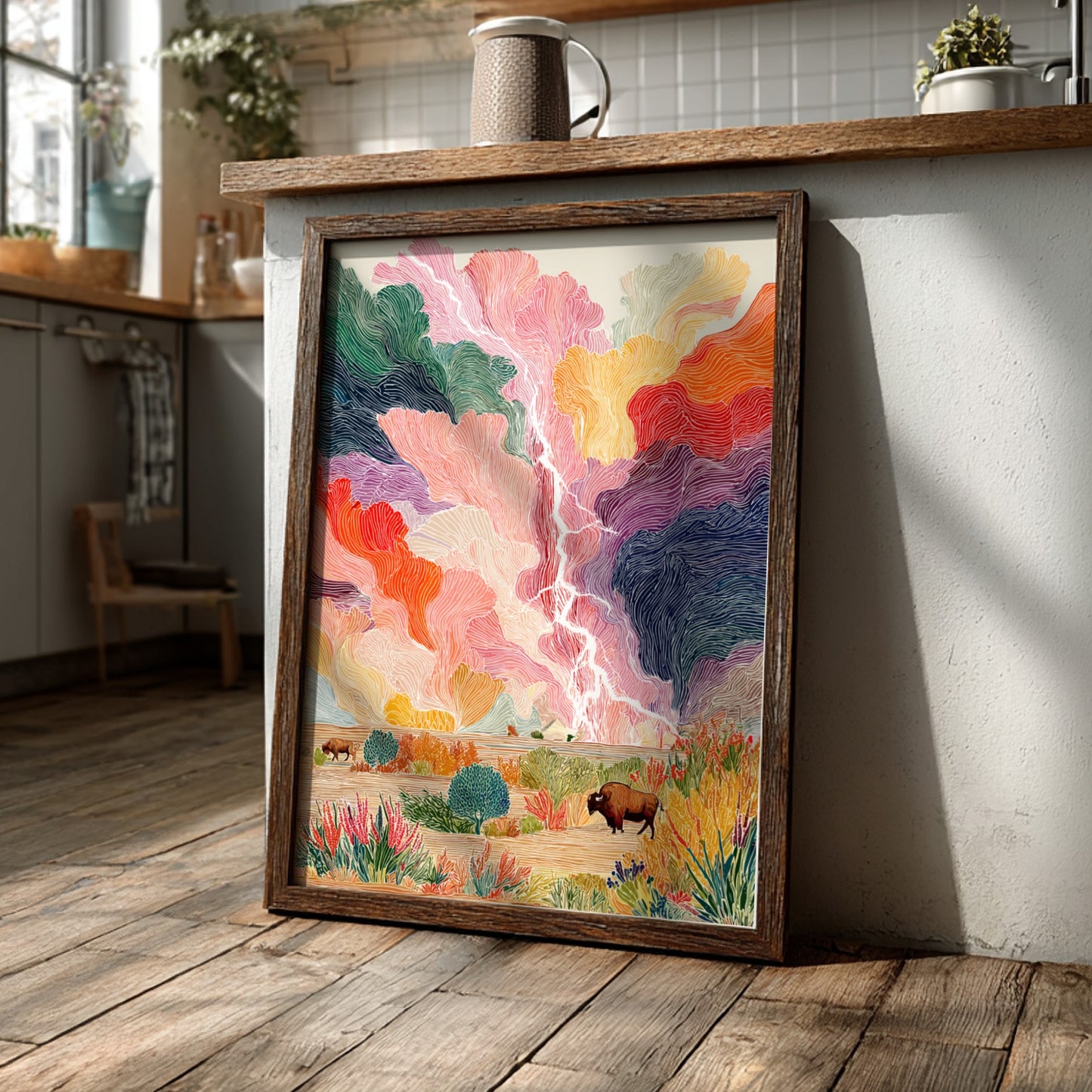 Prairie Bison Lightning poster featuring a colorful storm sky and a bison in a landscape.