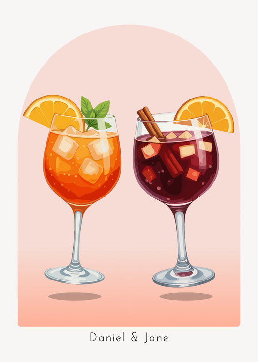 Two glasses of different drinks with garnishes on a pink background, featuring the names 'Daniel & Jane'.