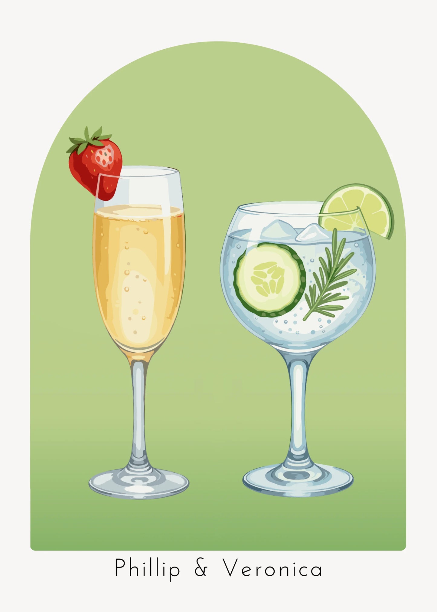Two glasses of drinks with a strawberry, lime, and cucumber on a green background