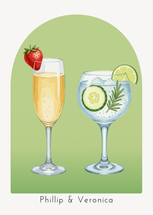 Two glasses of drinks with a strawberry, lime, and cucumber on a green background