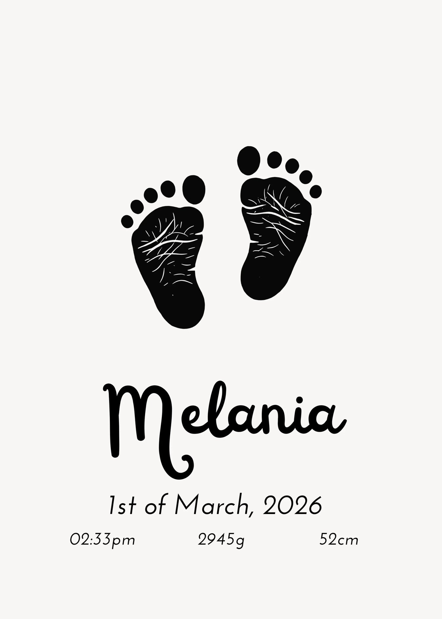 Black footprints with baby details on a white background