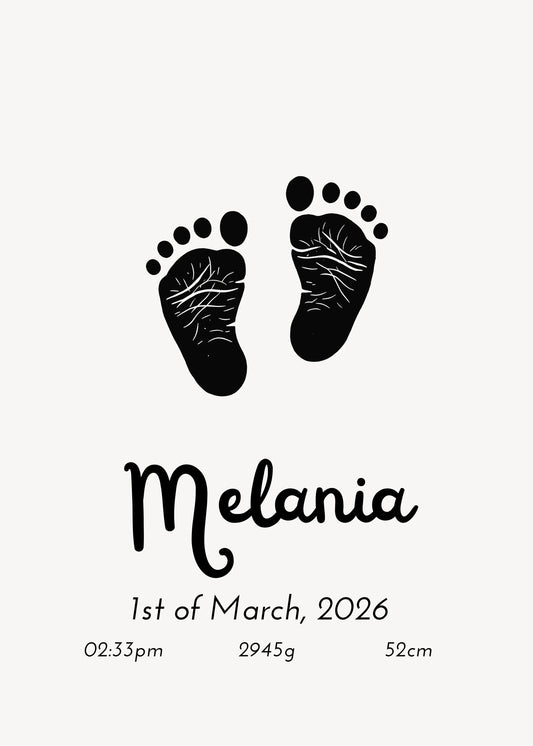 Black footprints with baby details on a white background