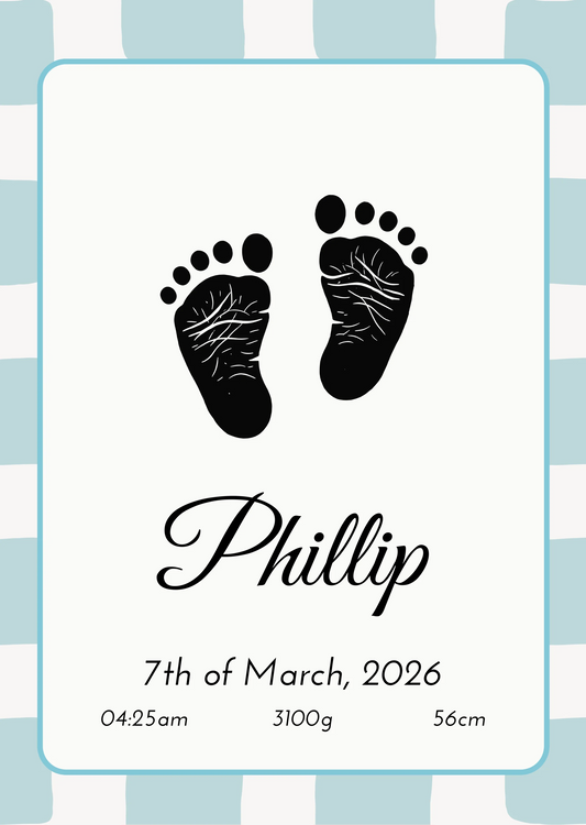 Newborn baby announcement poster with footprints and personalized details on a striped background