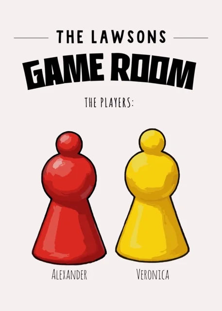 Poster with red and yellow game pieces and text 'The Lawsons Game Room' on a white background.