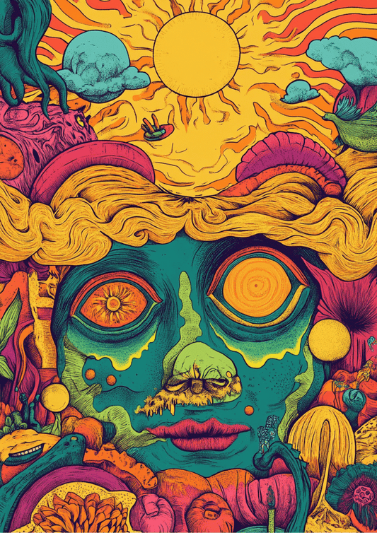 Psychedelic Mask Poster – Trippy Neon Wall Art for Festival and Bohemian Decor