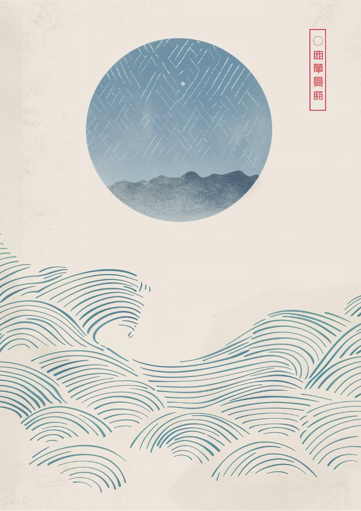 Blue Ocean Waves and a Moon - Japanese Wave Painting