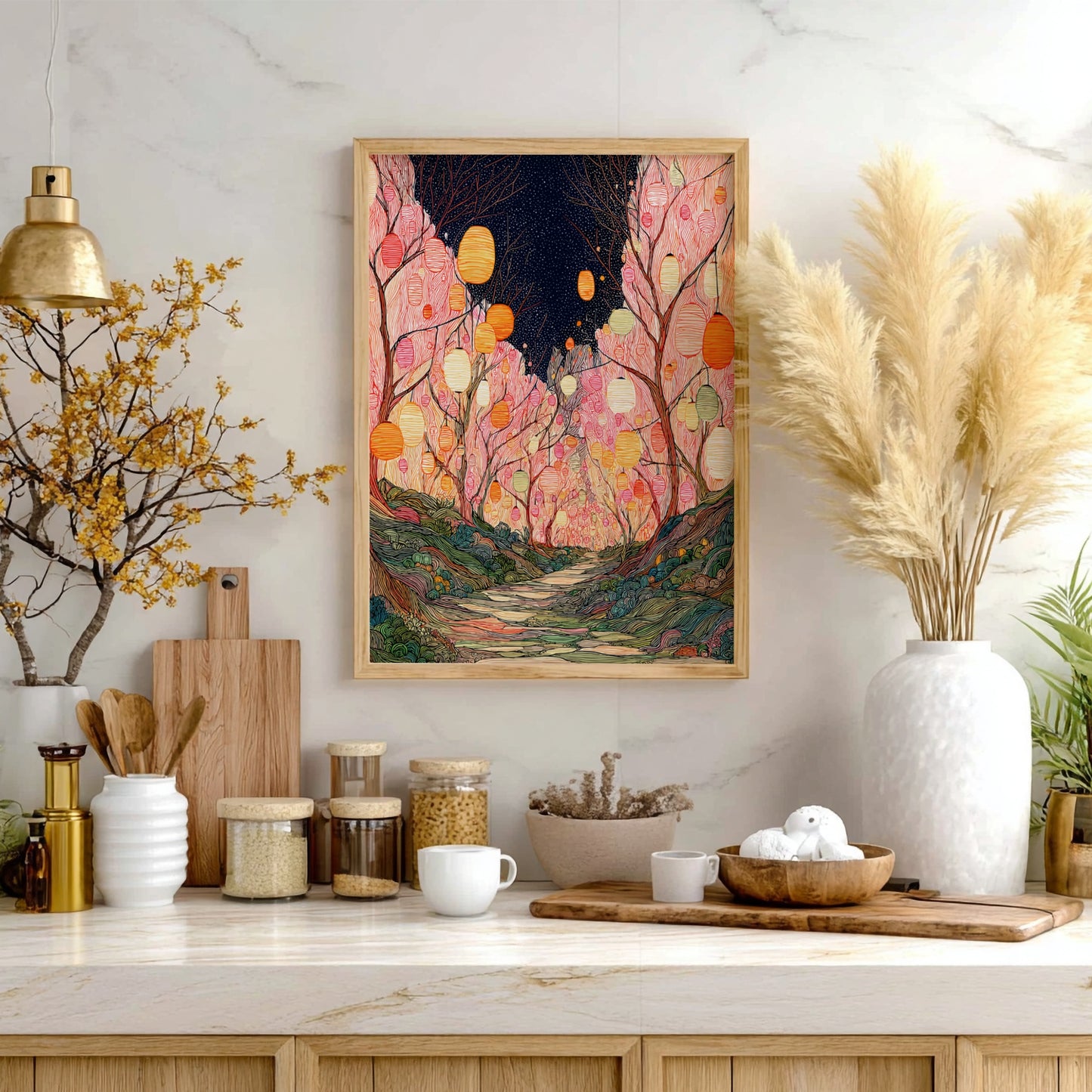 Blossom Tanuki Lantern wall art featuring a forest path lit by hanging lanterns.
