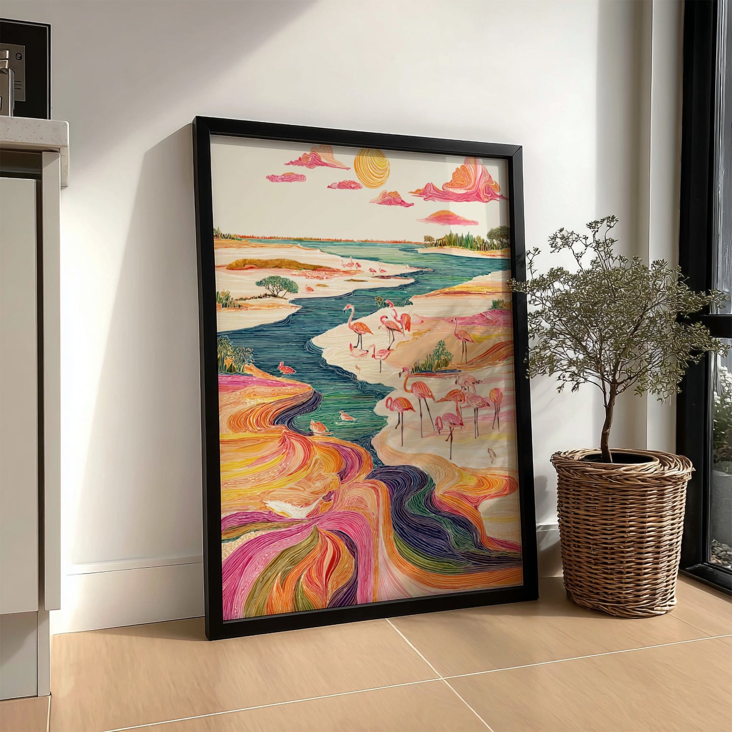 Vibrant art print of flamingos by a colorful river, with a stylized sun and clouds.