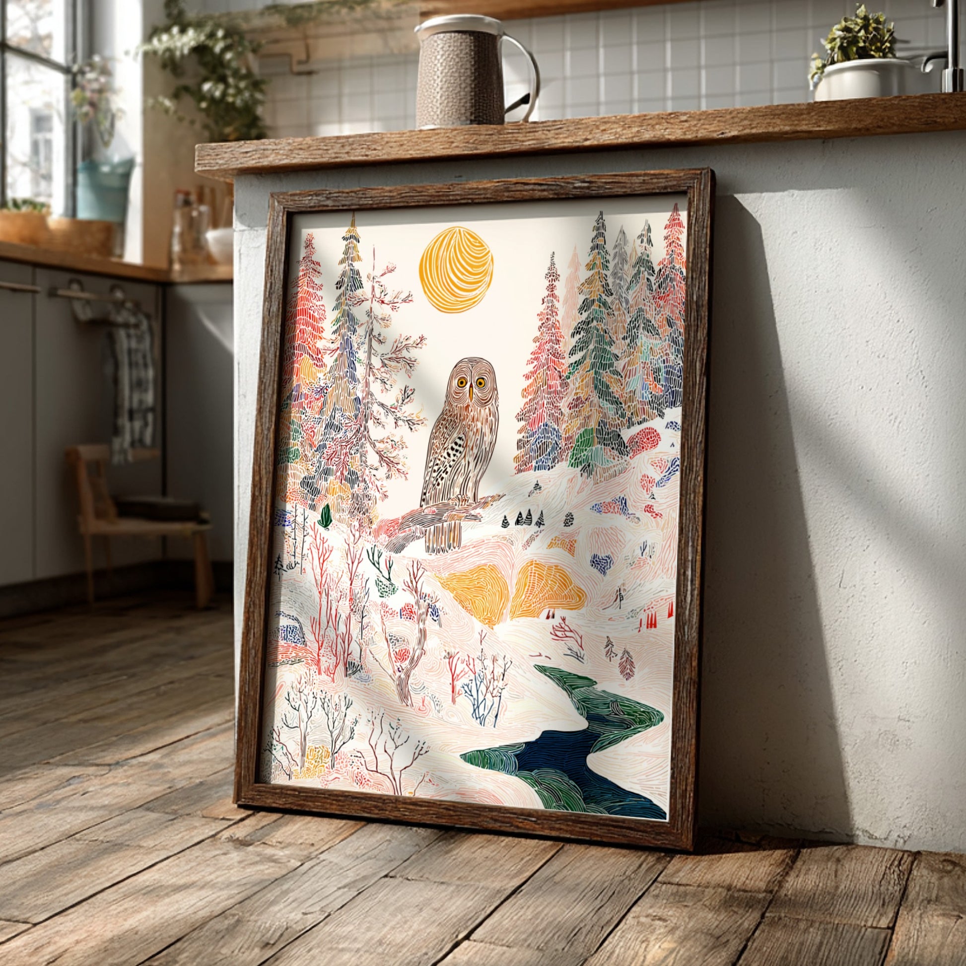 Pine Owl Indigo forest poster with an owl on a branch, stylized trees, and a winding river.