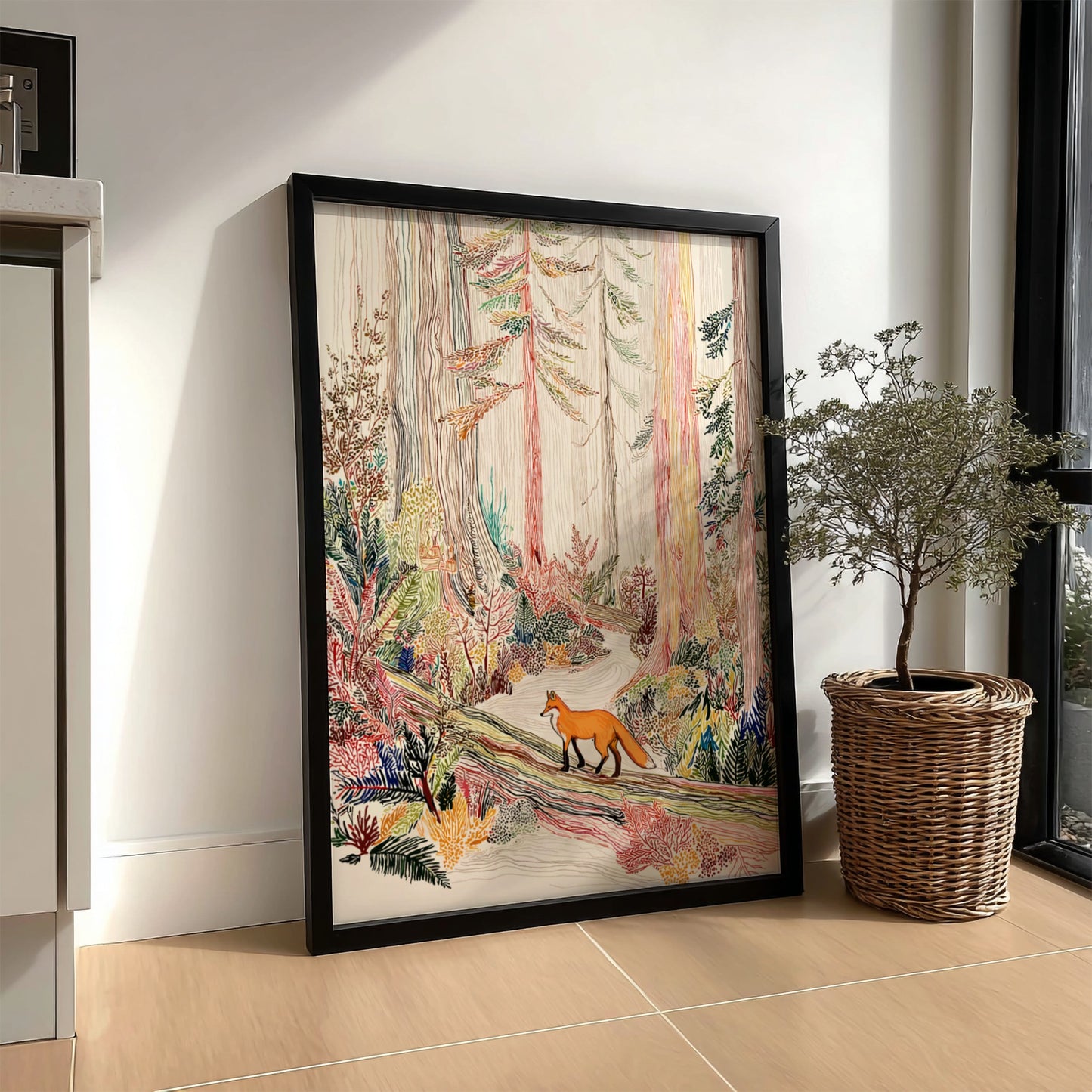 Cedar Fox Mist poster showing a fox walking on a log in a colorful forest.