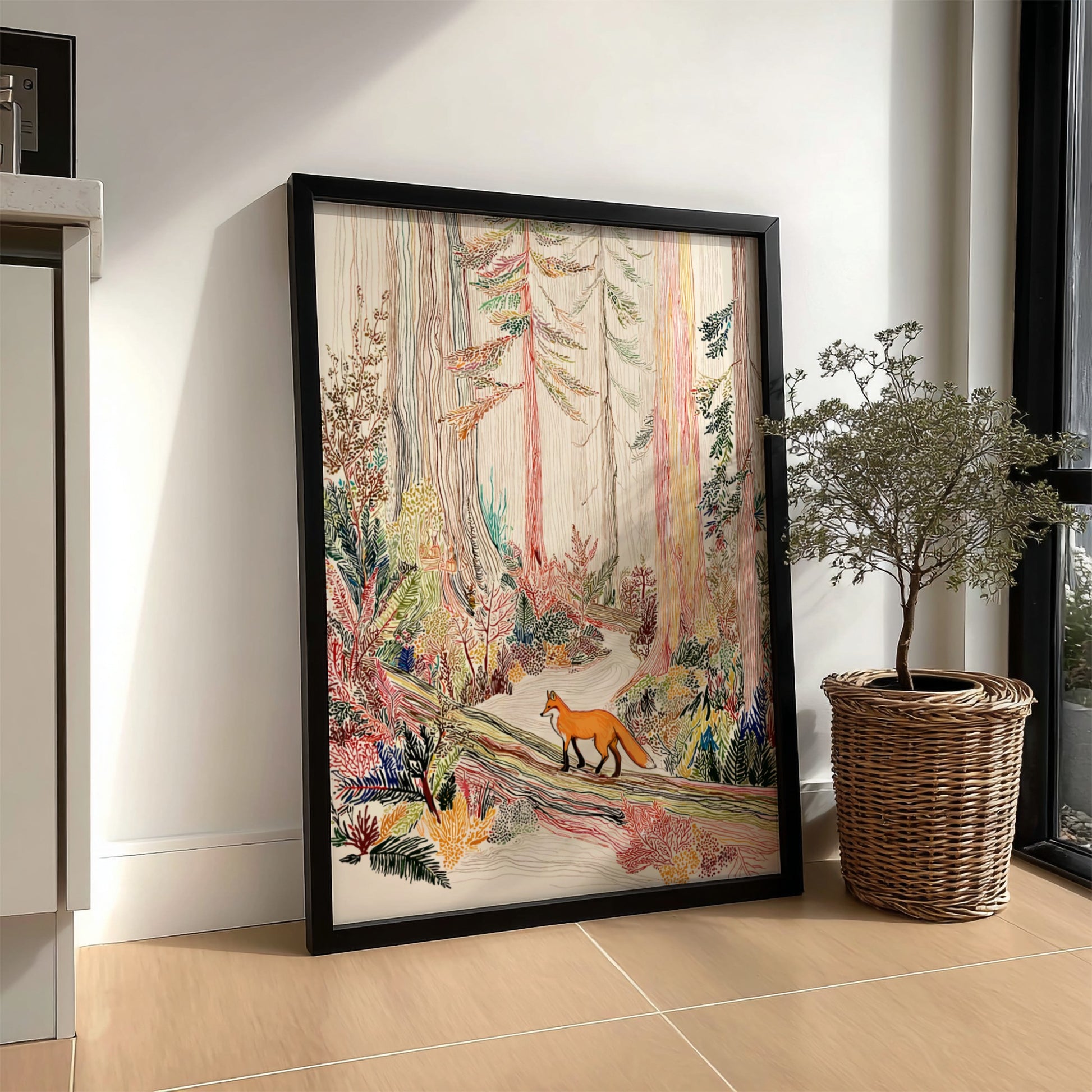 Cedar Fox Mist poster showing a fox walking on a log in a colorful forest.