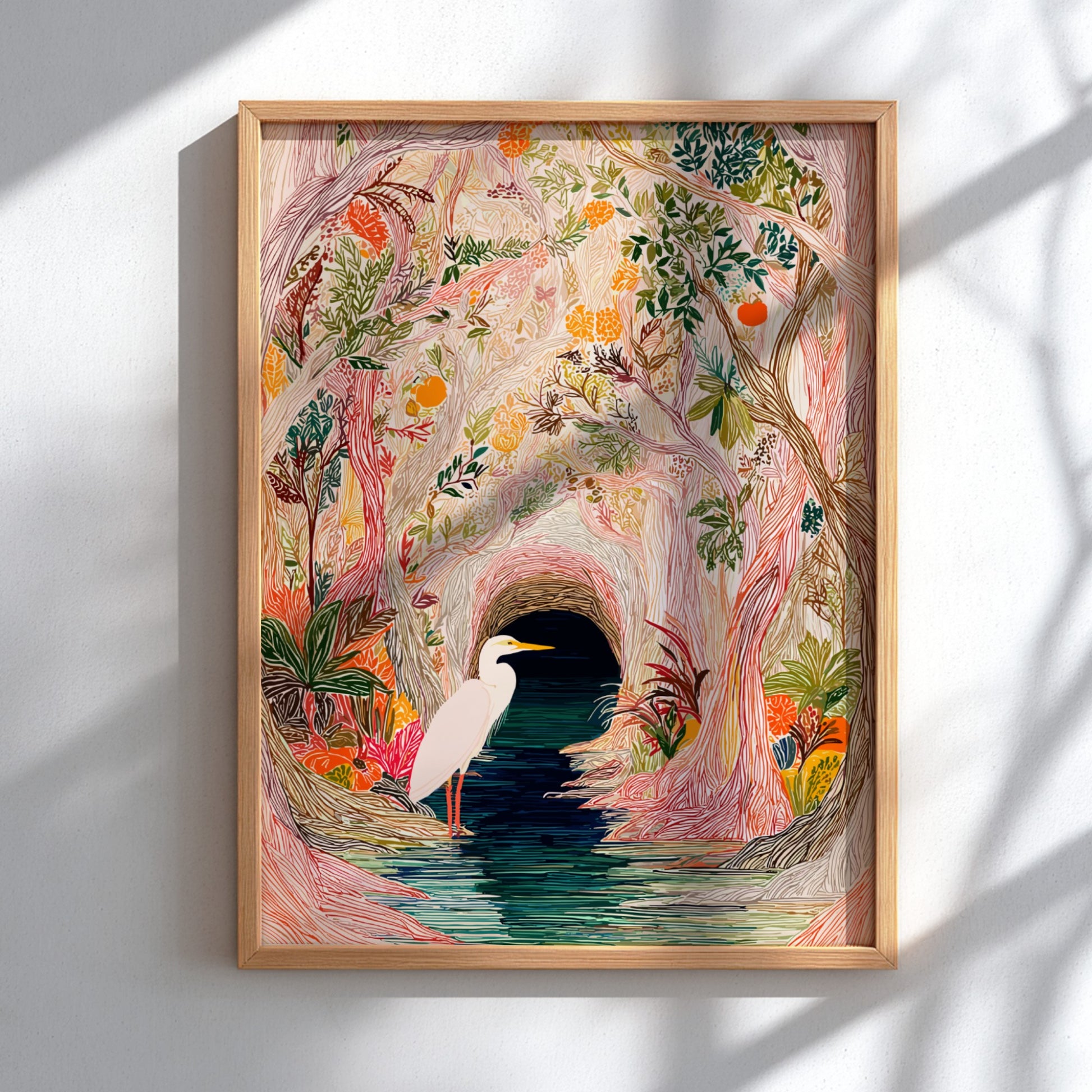 Mangrove Heron Art Print featuring a white heron by a dark water channel in a colorful, textured for
