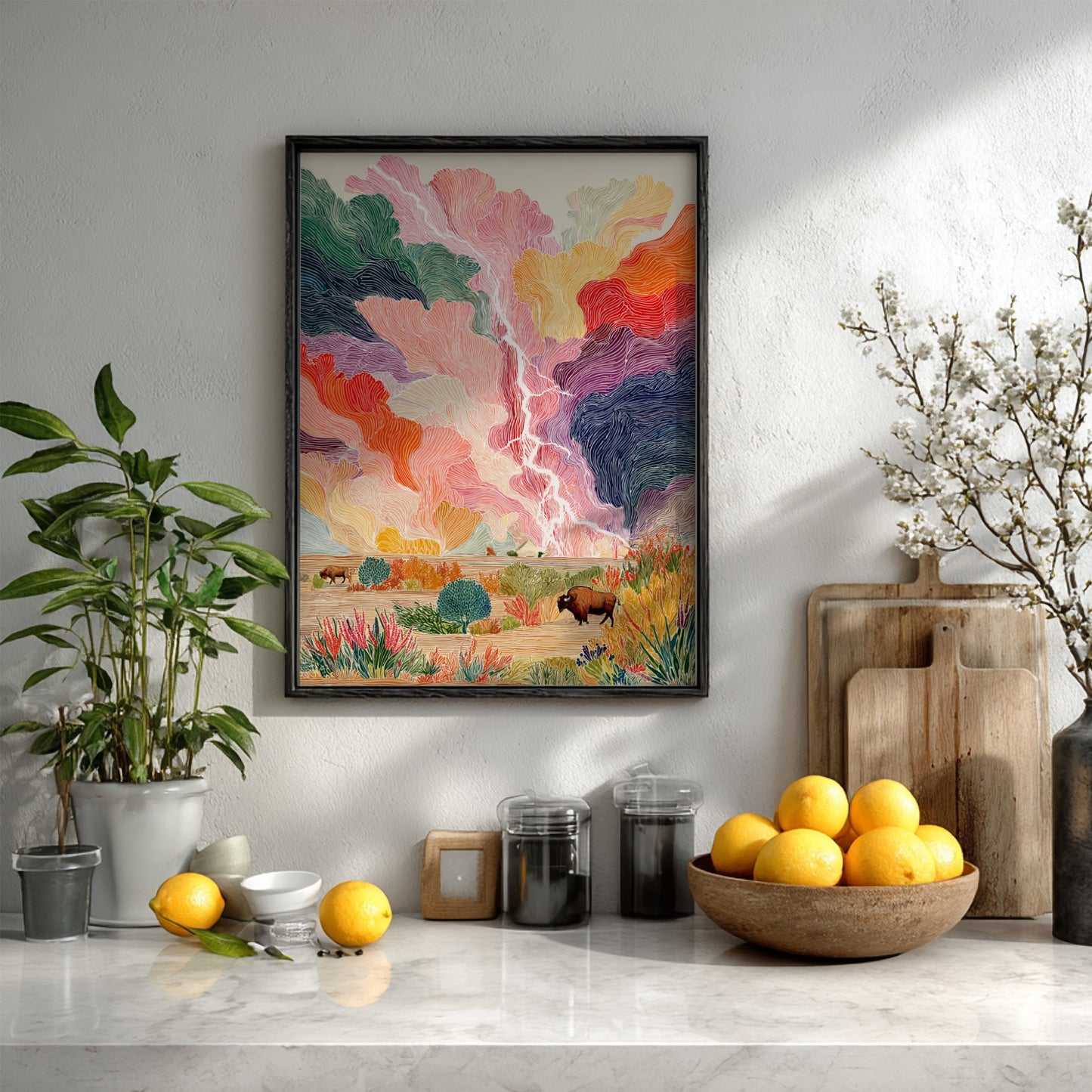 Prairie Bison Lightning poster featuring a colorful storm sky and a bison in a landscape.