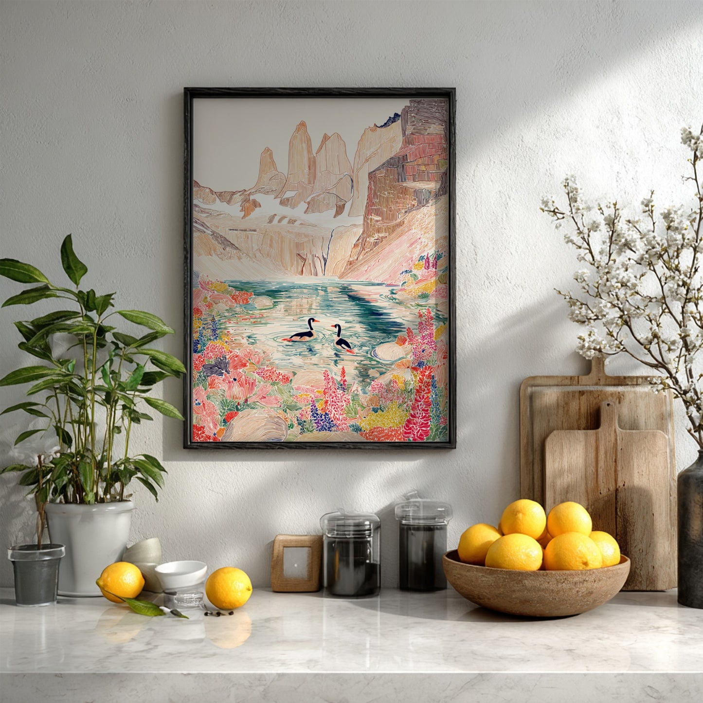 Glacier Loon Wildflower art print featuring loons on a lake with mountains and colorful wildflowers.