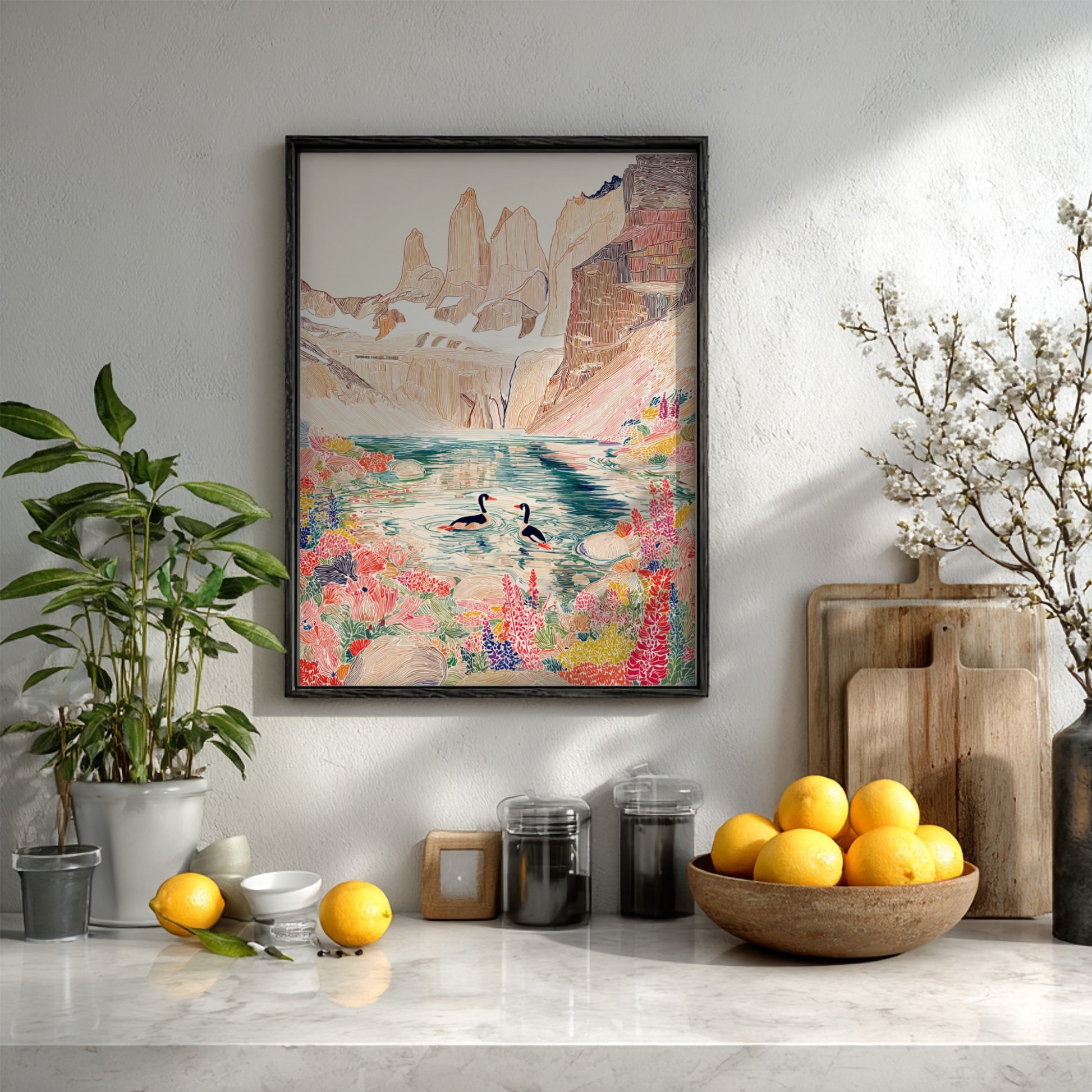 Glacier Loon Wildflower art print featuring loons on a lake with mountains and colorful wildflowers.