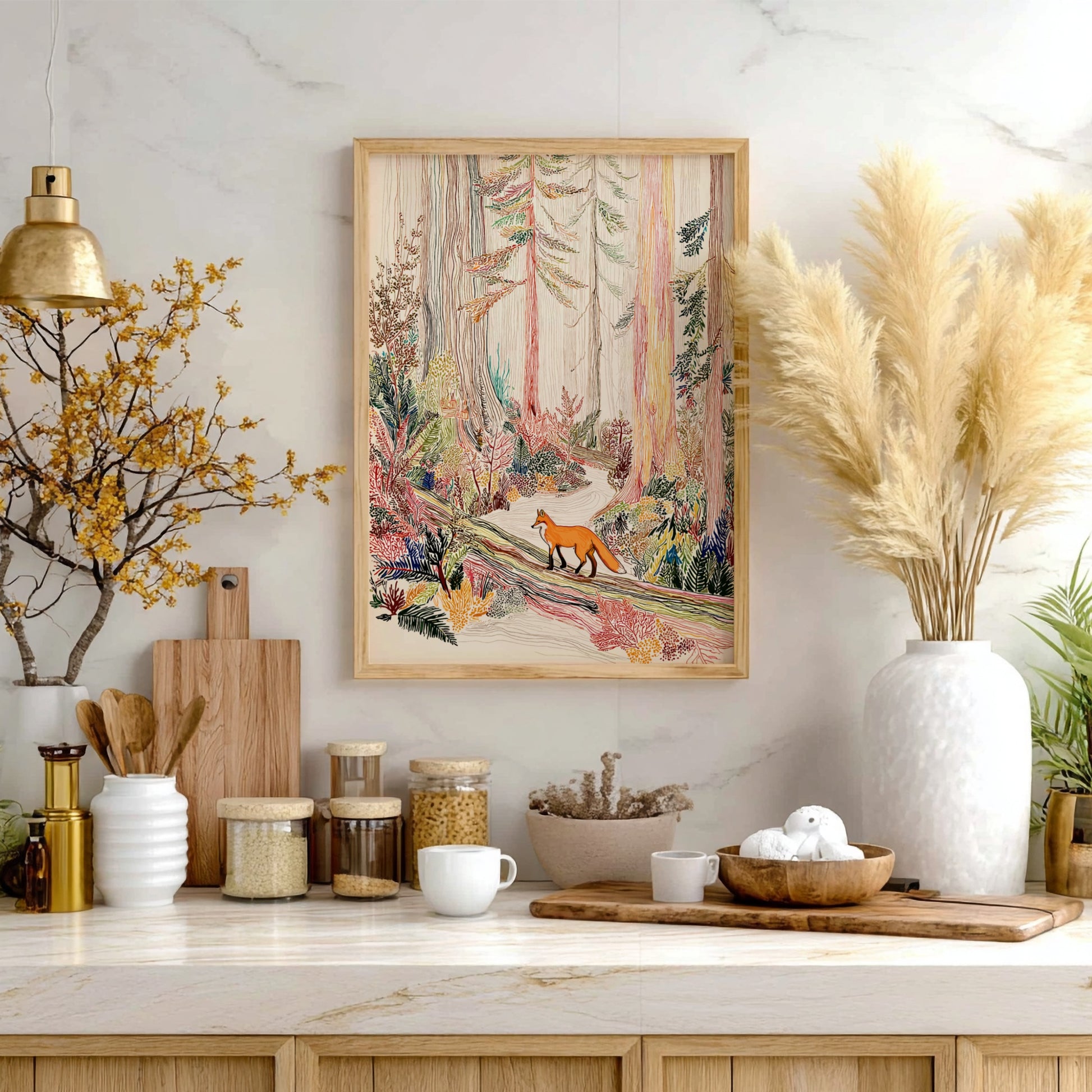 Cedar Fox Mist poster showing a fox walking on a log in a colorful forest.