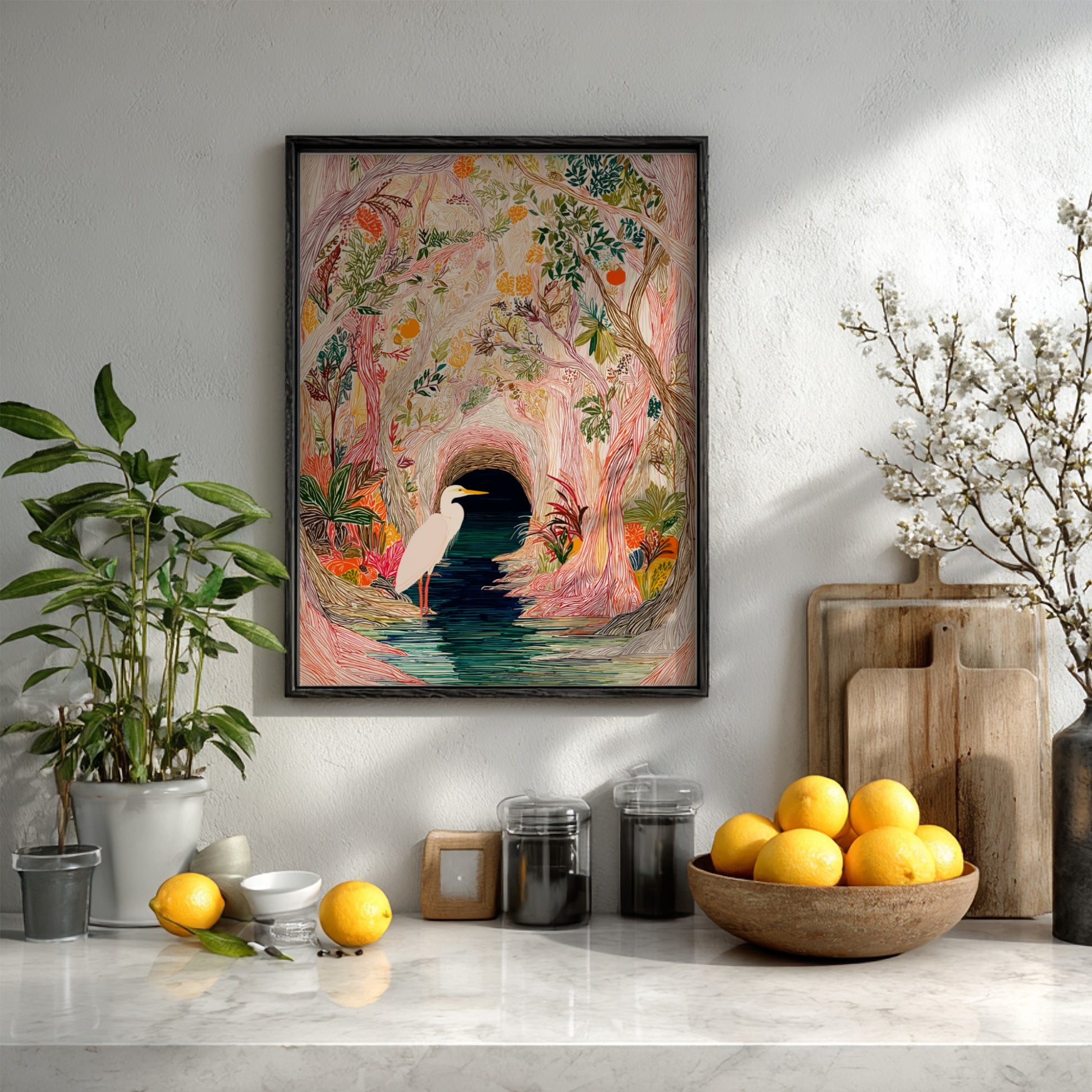 Mangrove Heron Art Print featuring a white heron by a dark water channel in a colorful, textured for