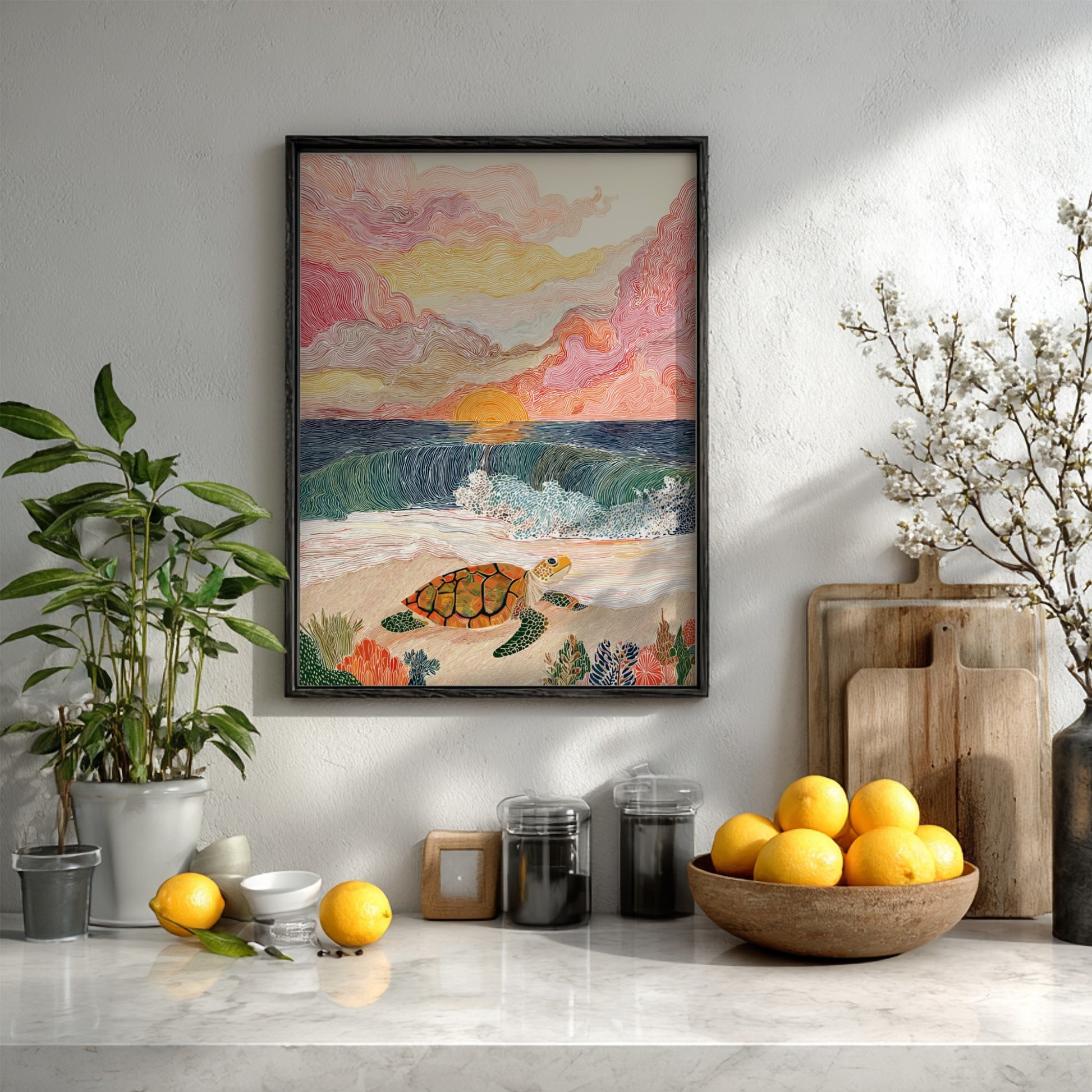 Poster of a sea turtle on a beach at sunrise, with colorful clouds and ocean waves.