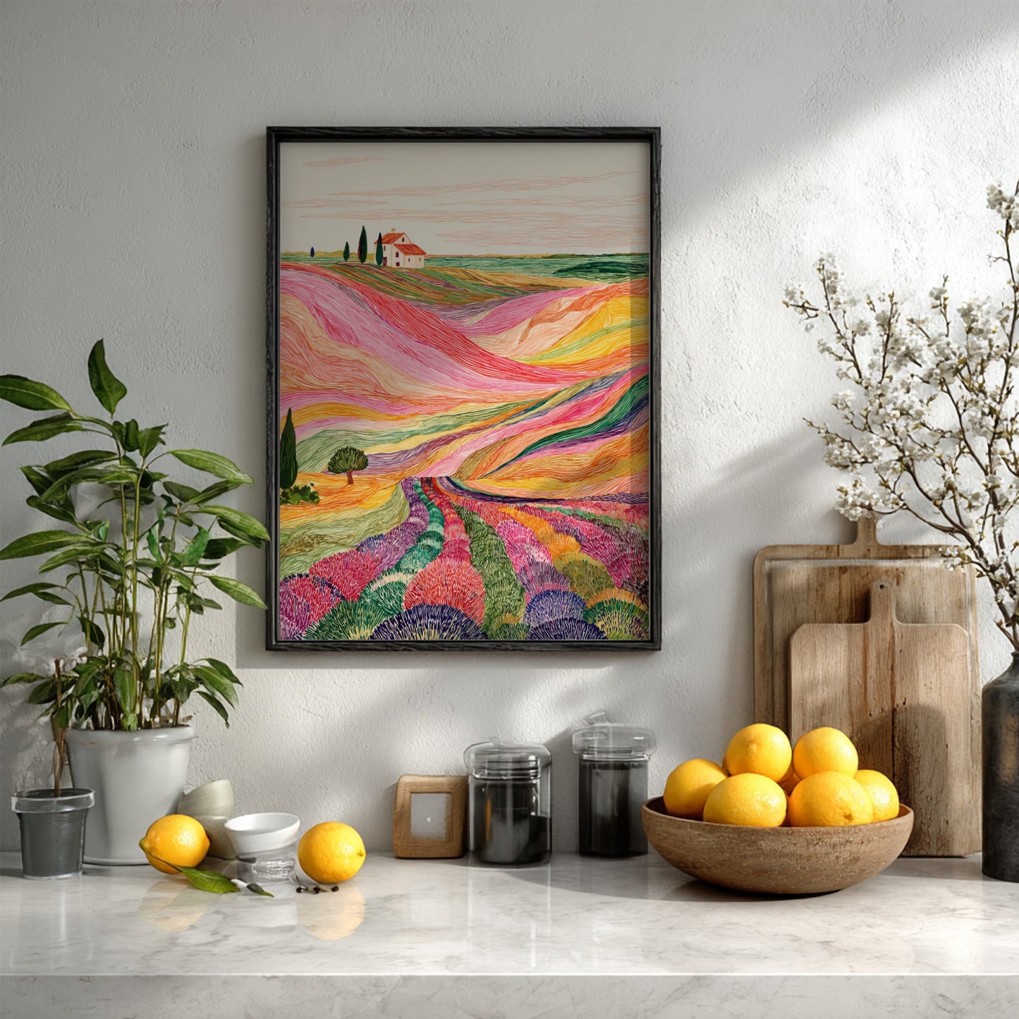 Lavender fields poster with vibrant, textured rows of purple, pink, and yellow flowers leading to a 