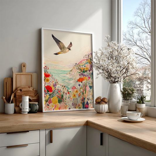 Clifftop Falcon Bloom poster featuring a falcon flying over a colorful floral cliffside and sea.
