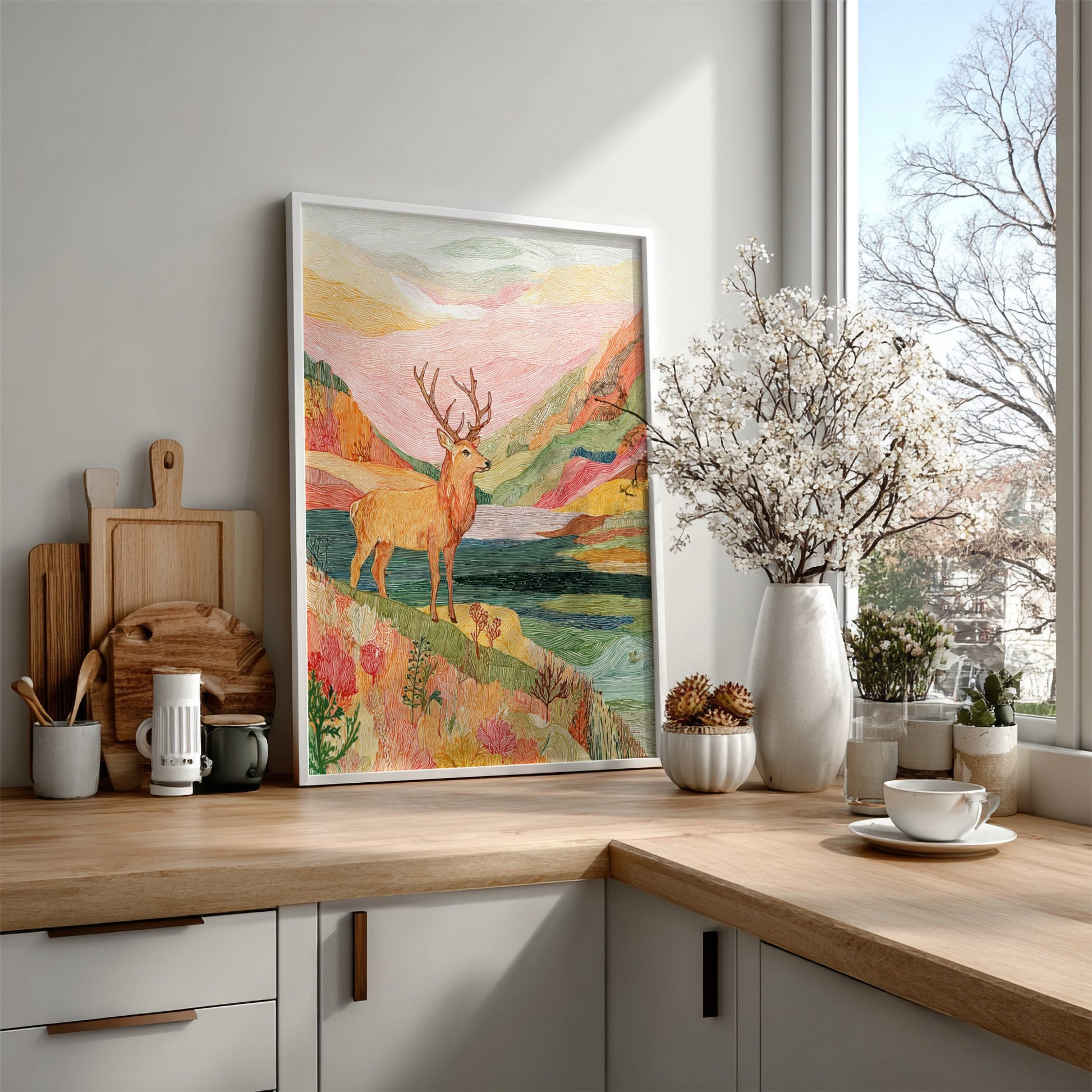 Bog Stag Storm landscape poster with a stag on a colorful hillside overlooking water.
